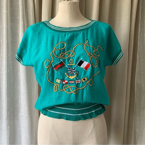 VINTAGE NO NAME BOATING TEAL EMBROIDERED TOP - Picture 1 of 6